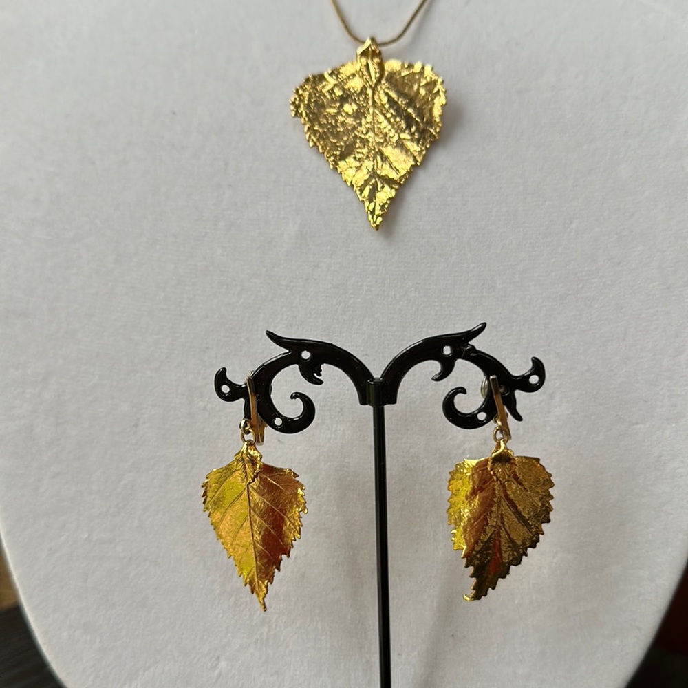 Gold Birch Leaf Necklace & Clip On Earrings